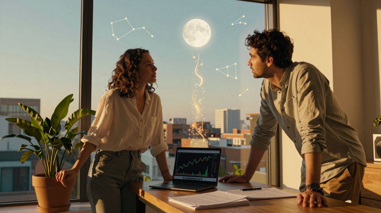 Homem e mulher em escritório com laptop, gráficos e lua com constelações no vidro da janela.
