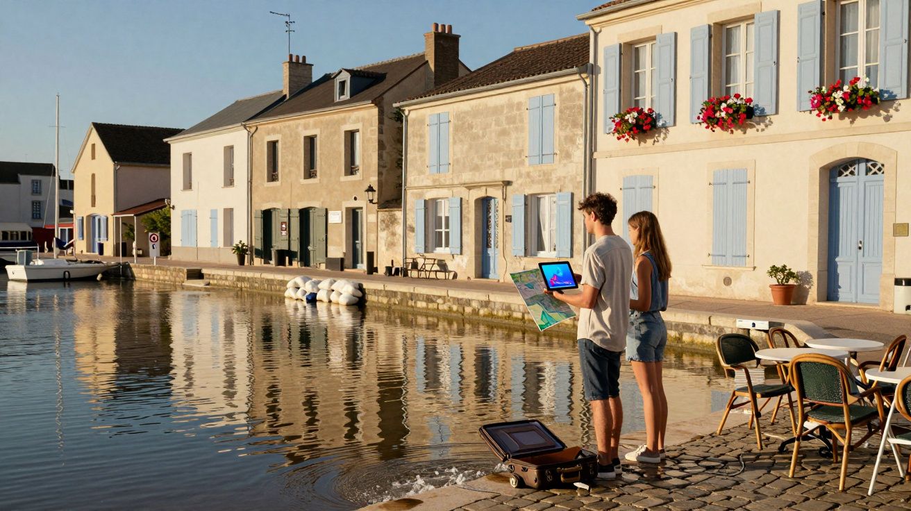 Casal jovem com mapa e computador junto a canal com edifícios e barco ao pôr do sol.
