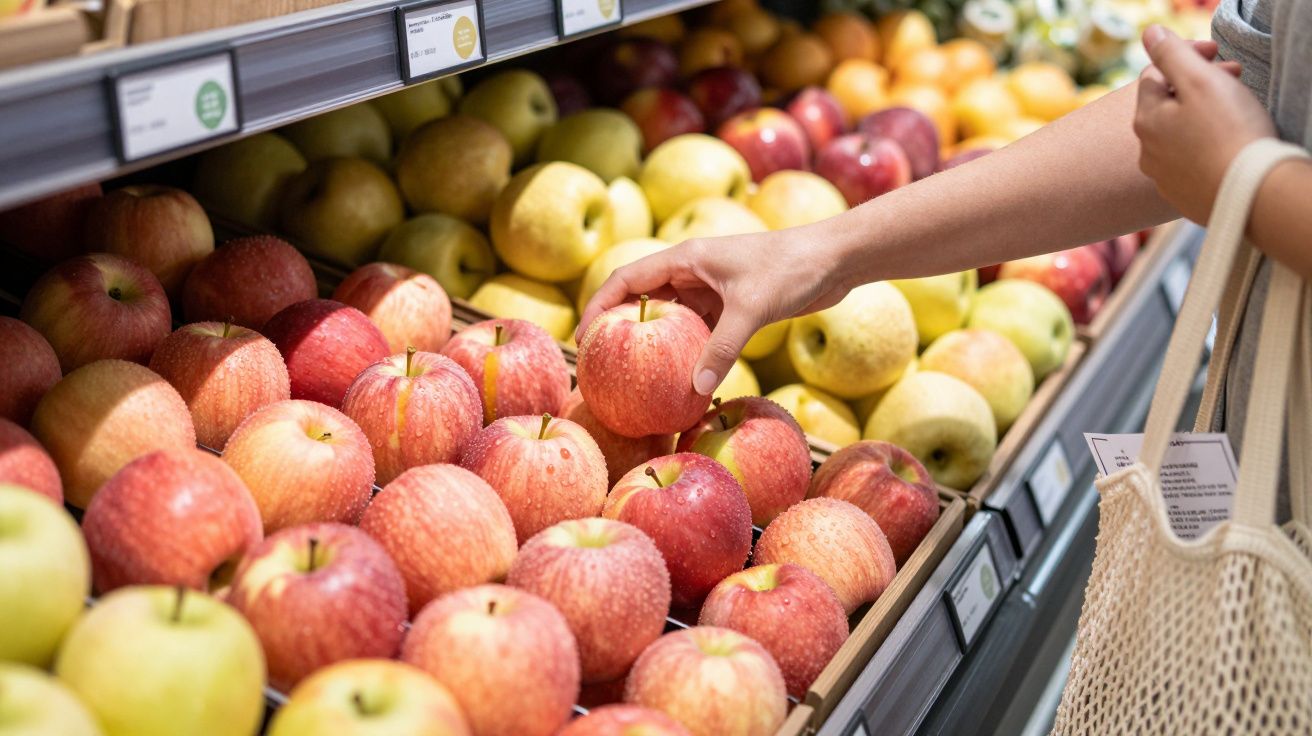 Pessoa a pegar maçã vermelha à venda numa caixa com várias maçãs coloridas num supermercado.