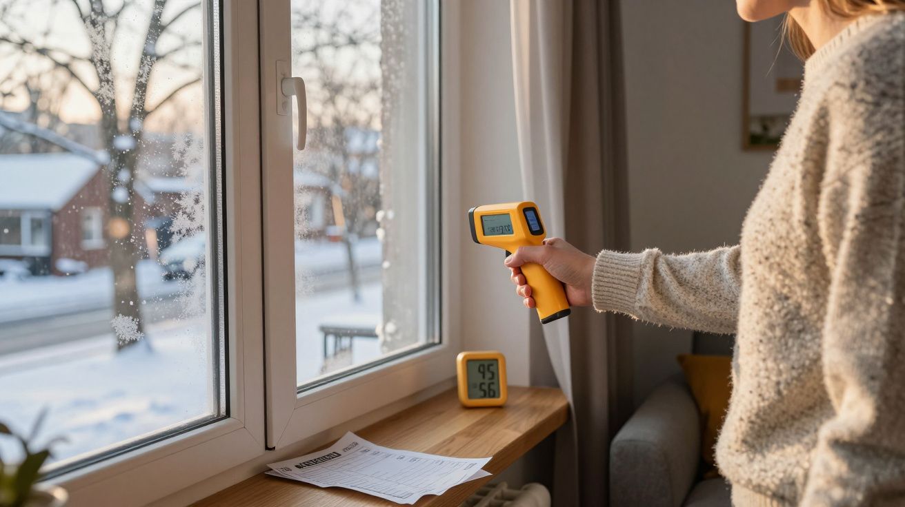 Pessoa a medir temperatura na janela com termómetro infravermelho durante inverno com neve do lado de fora.