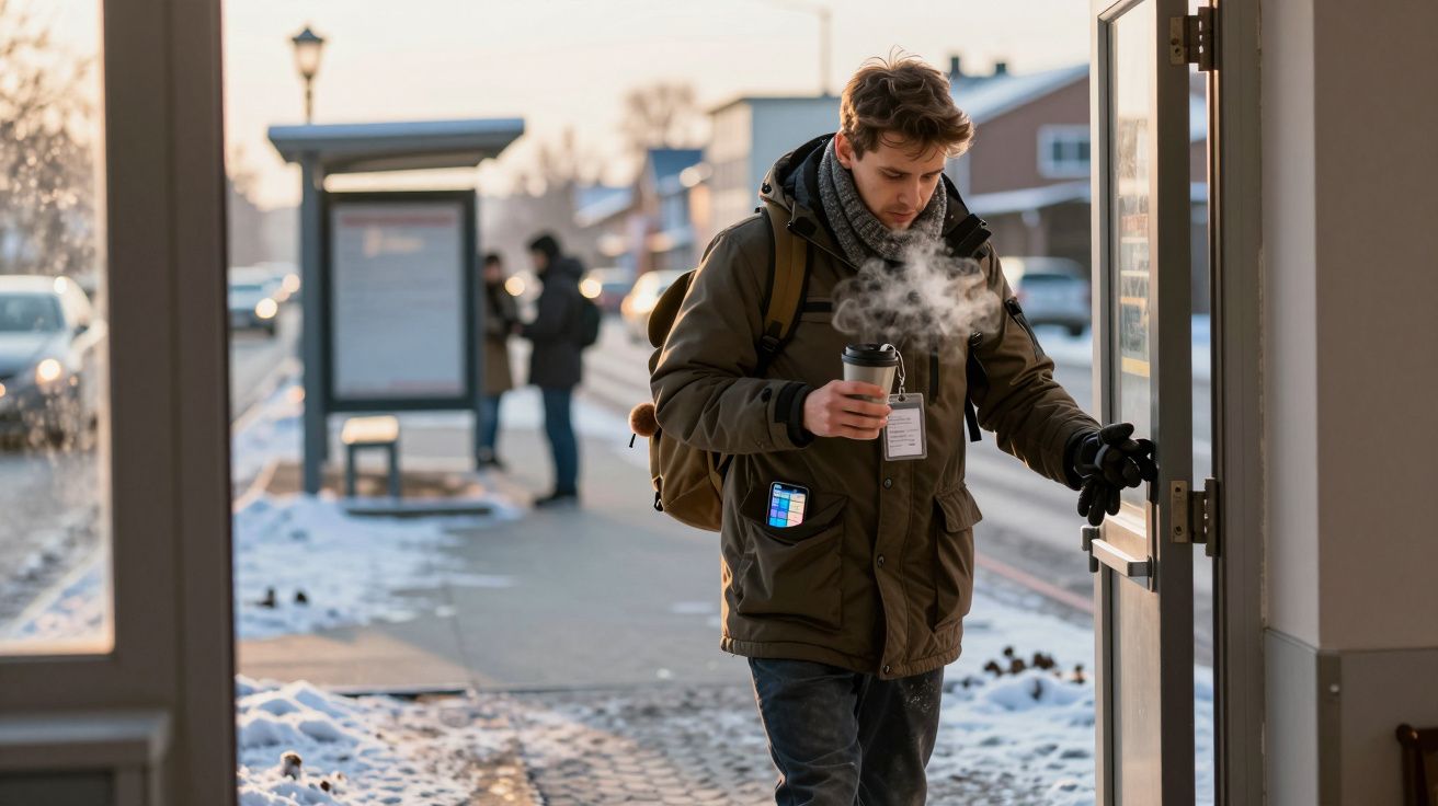 Homem com roupa de inverno e mochila entra numa porta segurando um café quente numa manhã fria com neve.