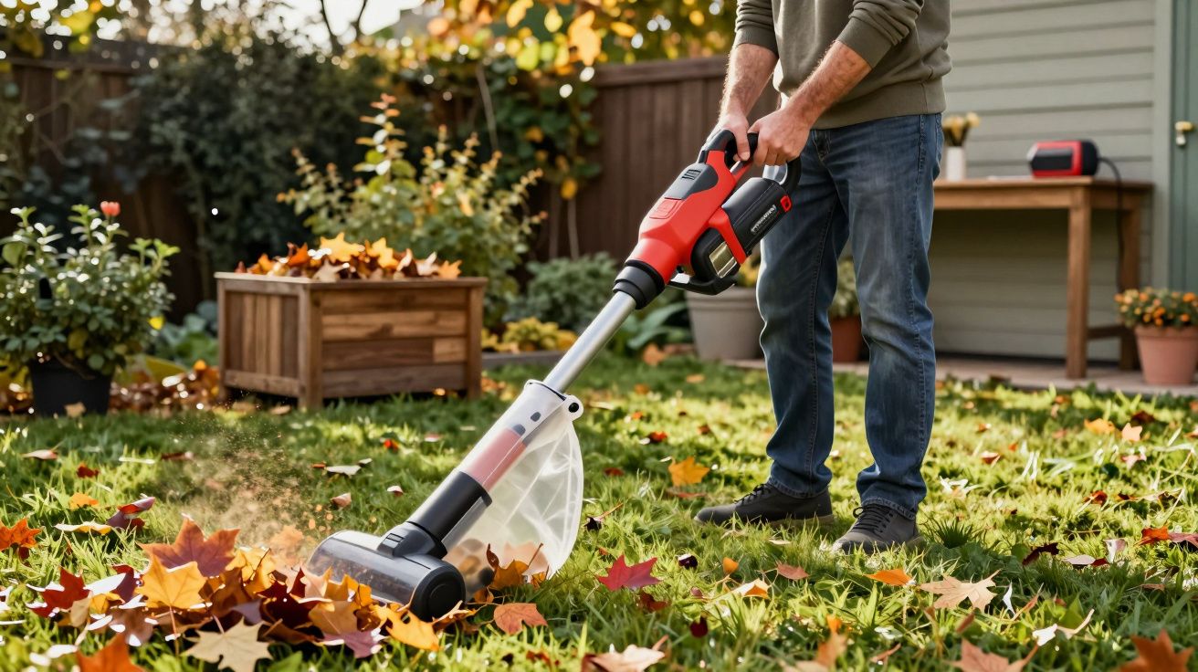 Pessoa a aspirar folhas secas no jardim com aspirador de folhas eléctrico vermelho e preto.