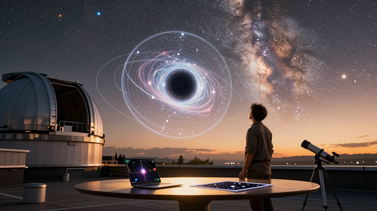 Pessoa observa buraco negro digital no céu noturno com telescópio e equipamentos de astronomia num observatório.