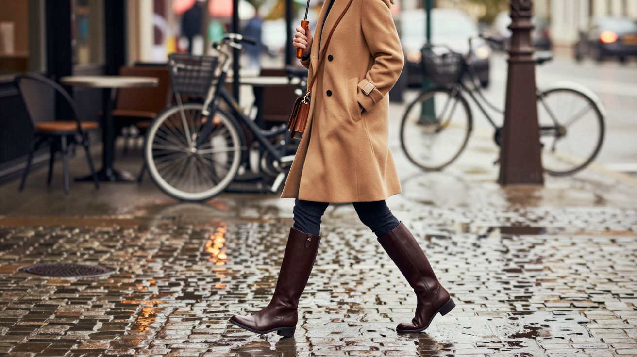 Pessoa com casaco castanho e botas a caminhar numa calçada molhada, segurando um guarda-chuva.