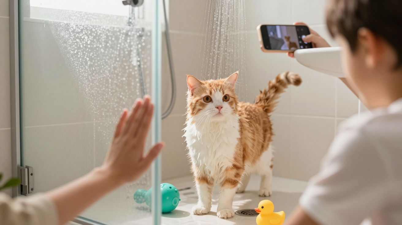 Gato laranja e branco na cabine de duche com crianças a tirar fotos e mãos a segurar vidro molhado.