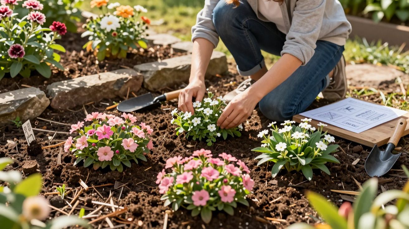 Pessoa a plantar flores brancas e cor-de-rosa num jardim com terra fresca e ferramentas de jardinagem.
