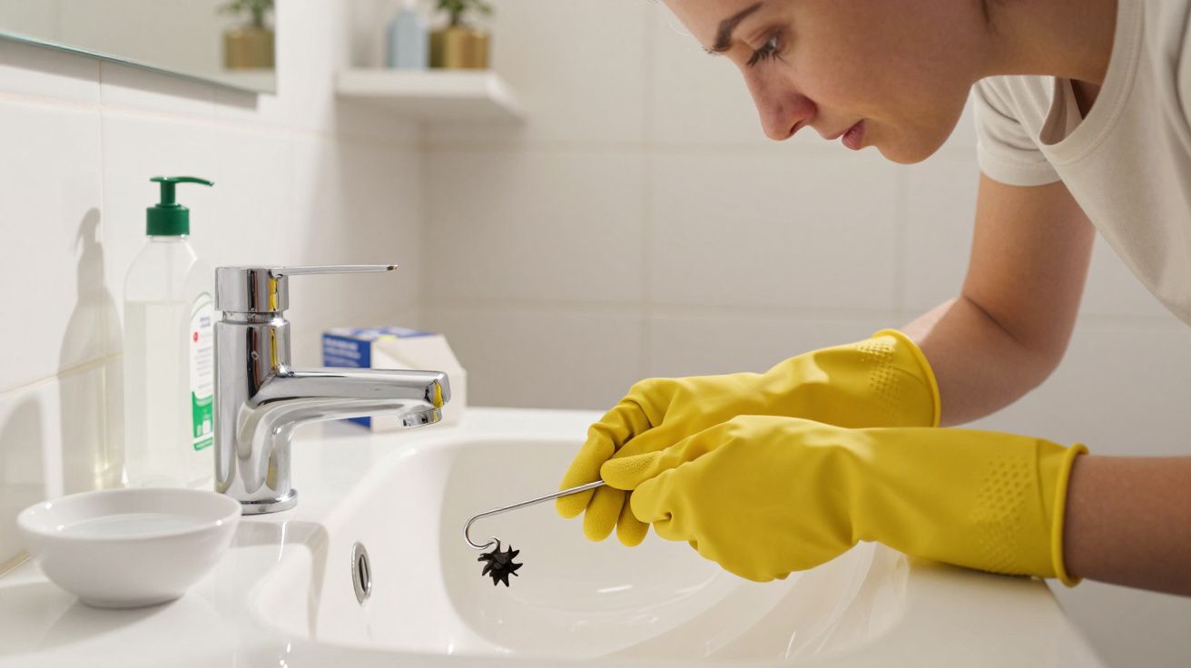 Pessoa com luvas amarelas a limpar o ralo de uma lavatório branco com ferramenta ajustável.