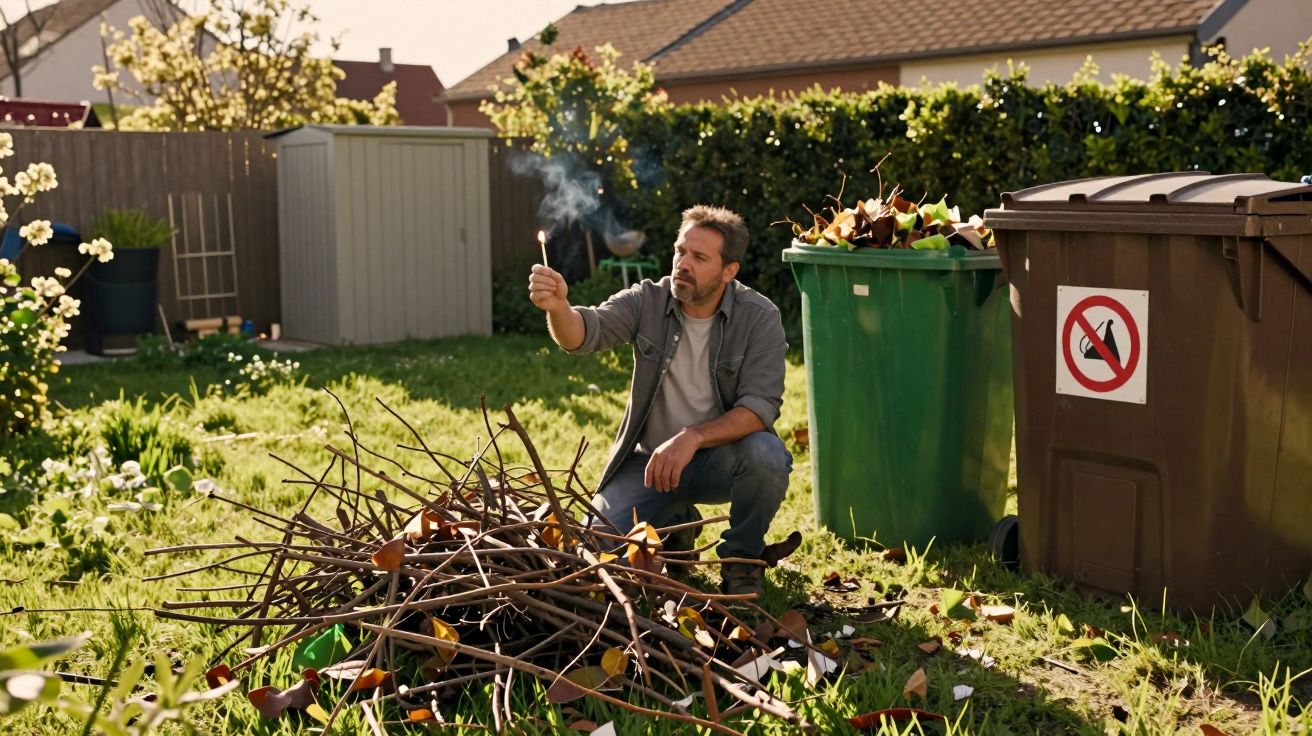 Homem a acender fósforo junto a ramos secos num jardim, perto de contentores com folhas secas.