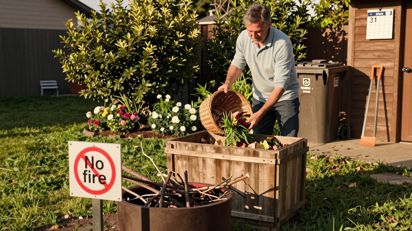 Homem a colocar resíduos vegetais num caixote de compostagem no jardim, perto de placa que proíbe fogo.