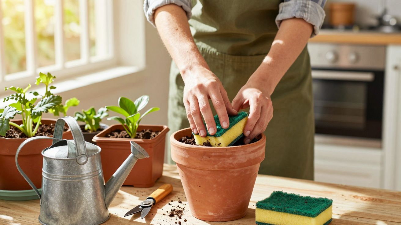 Pessoa a limpar um vaso de barro com uma esponja, rodeada de plantas e ferramentas de jardinagem.