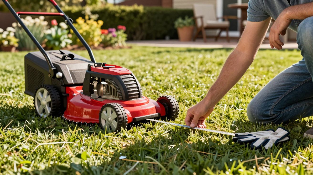 Pessoa a medir relva com fita métrica ao lado de um cortador de relva vermelho no jardim.