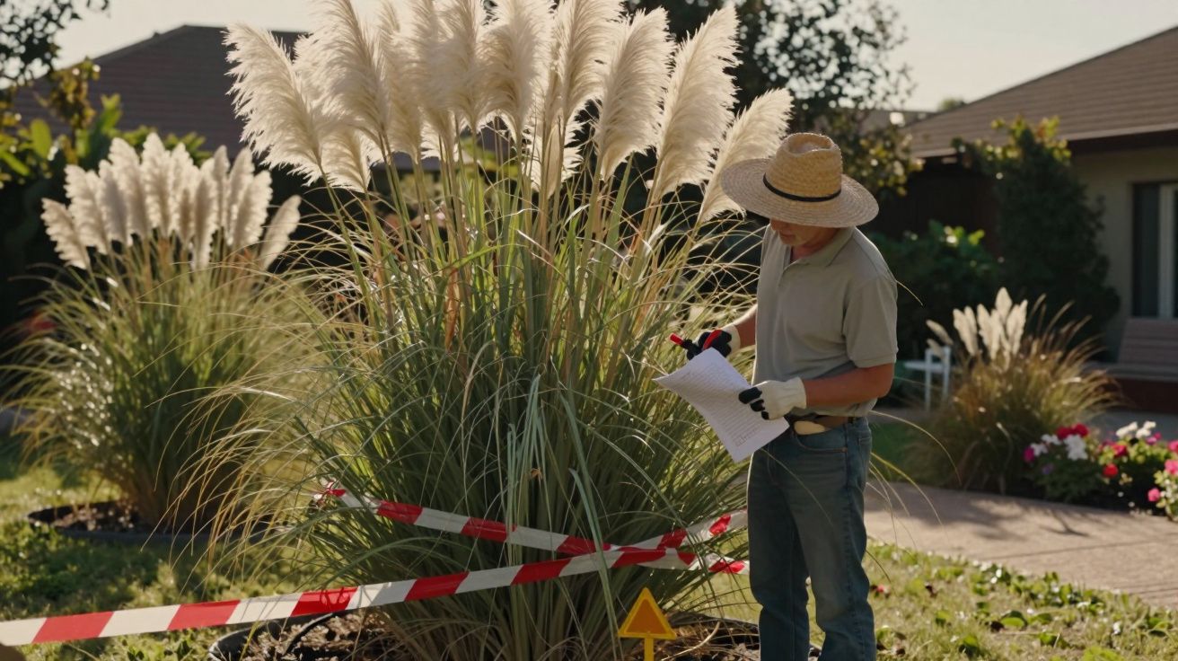 Pessoa com chapéu a analisar plantas num jardim, rodeada de fita de sinalização vermelha e branca.