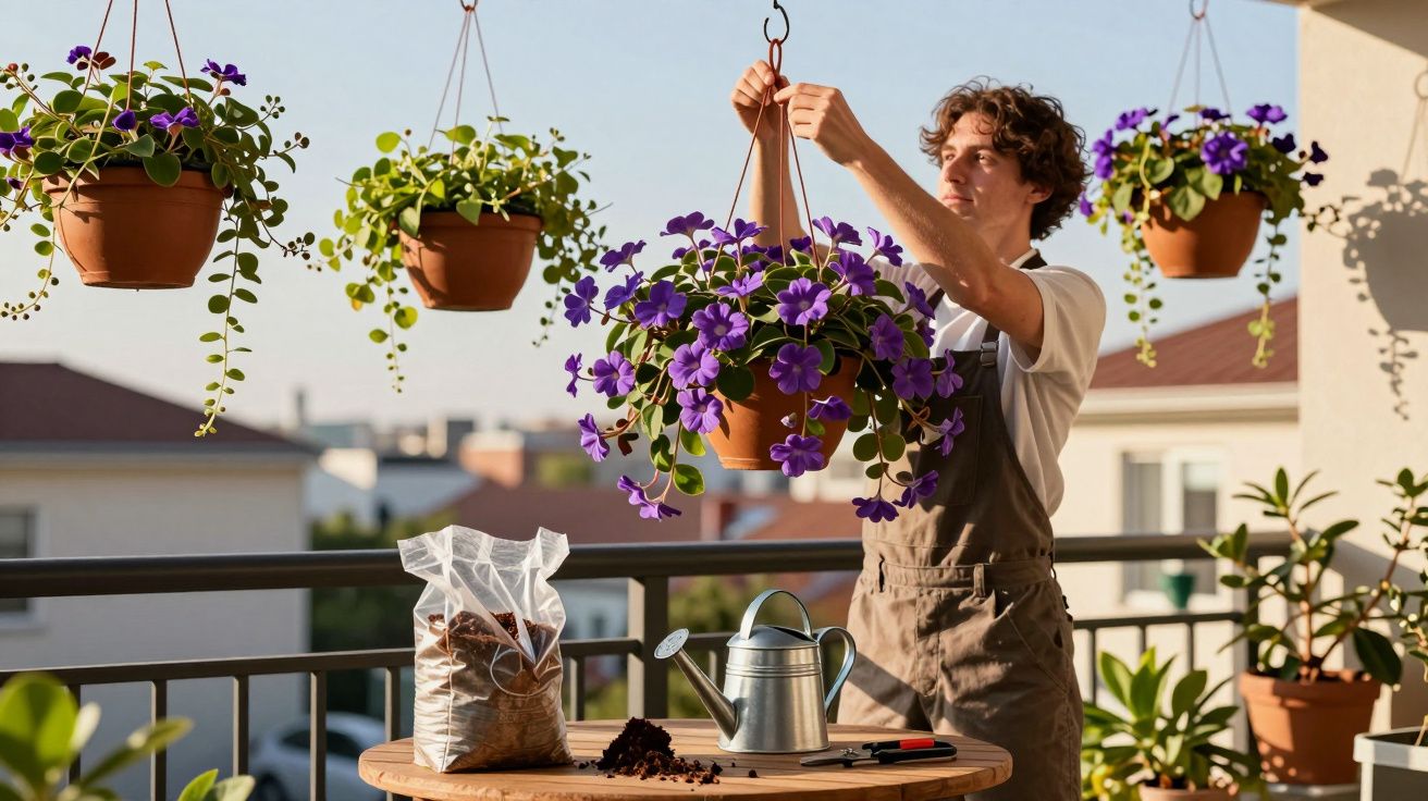 Pessoa a cuidar de vasos suspensos com flores roxas numa varanda ensolarada, com materiais de jardinagem na mesa.