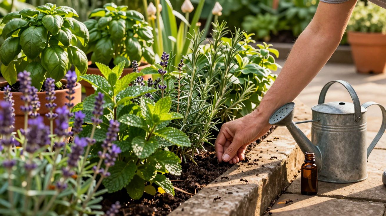 Pessoa a plantar ervas aromáticas num canteiro com regador e frasco ao lado, em jardim.