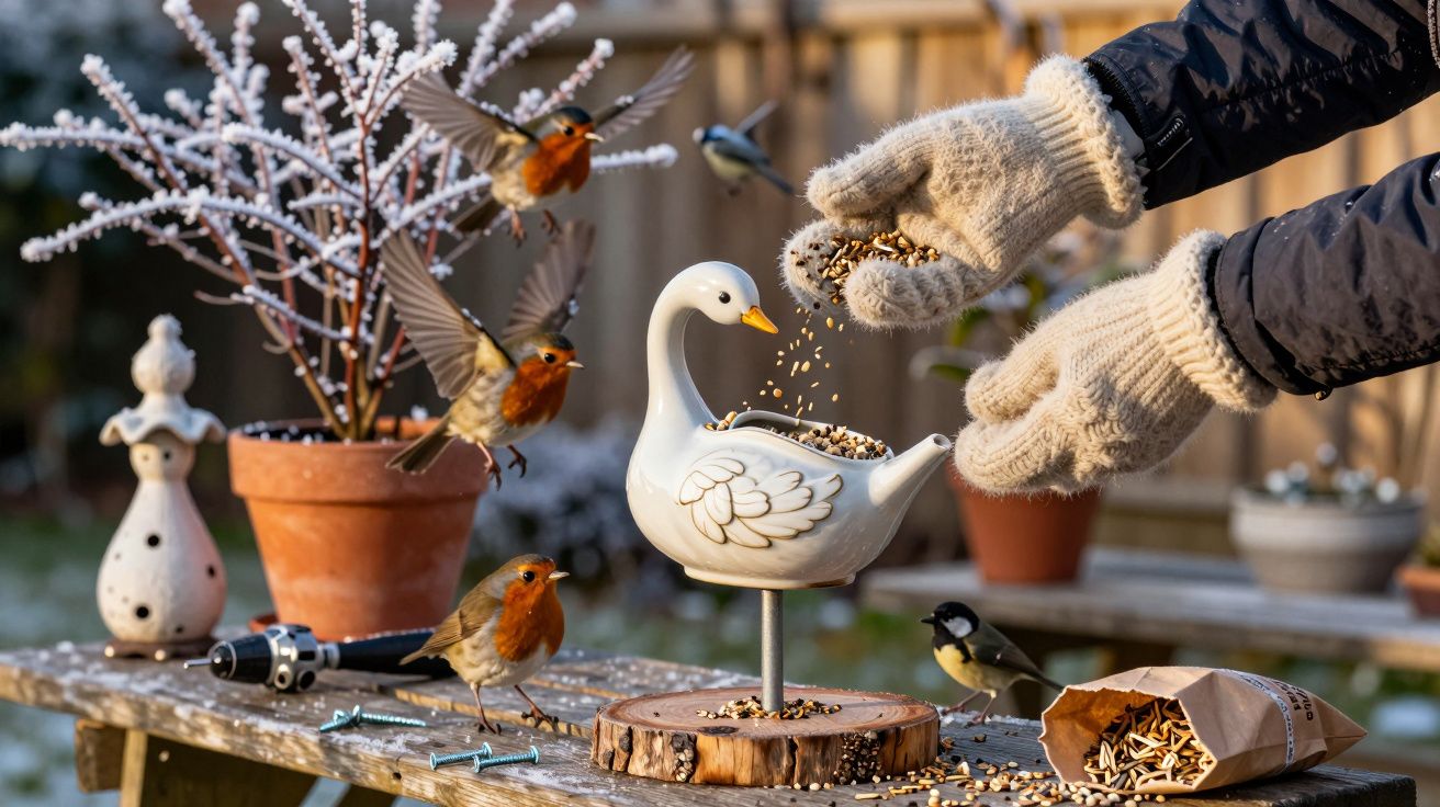 Mãos com luvas a alimentar pássaros com sementes de comedouro em formato de cisne num jardim.