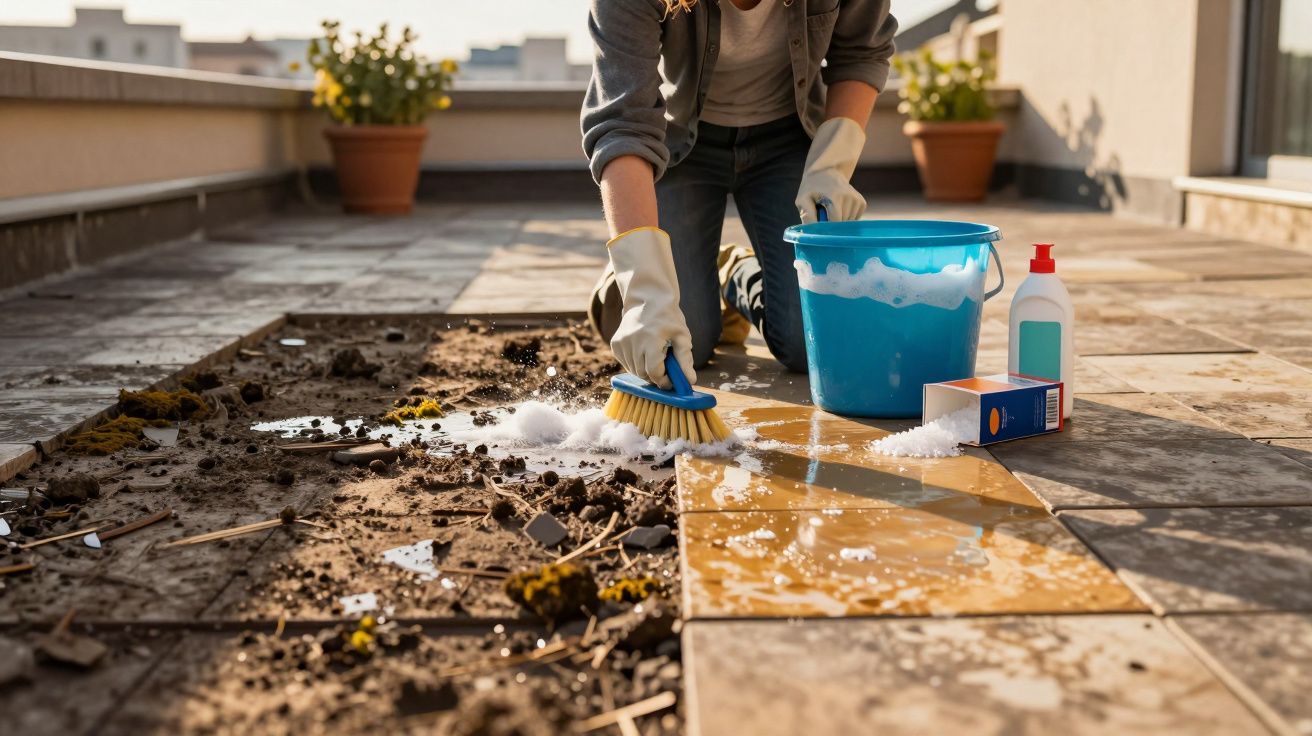 Pessoa a limpar chão exterior sujo com escova, luvas, balde de água e produtos de limpeza.