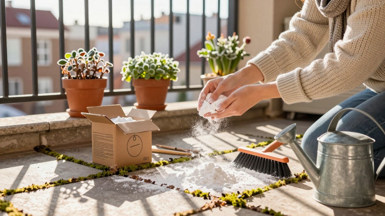 Pessoa a limpar o chão de varanda com poeira branca, com regador, vassoura e plantas em vasos ao fundo.