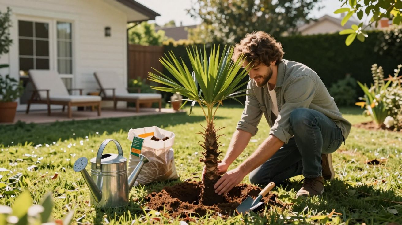 Homem a plantar uma palmeira num jardim ensolarado ao lado de regador e terra na frente de uma casa.