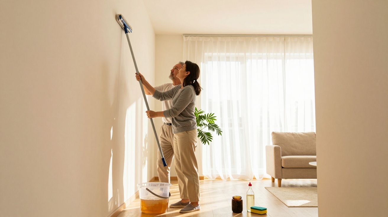 Casal jovem a pintar uma parede branca numa sala luminosa com janela grande e sofá bege.