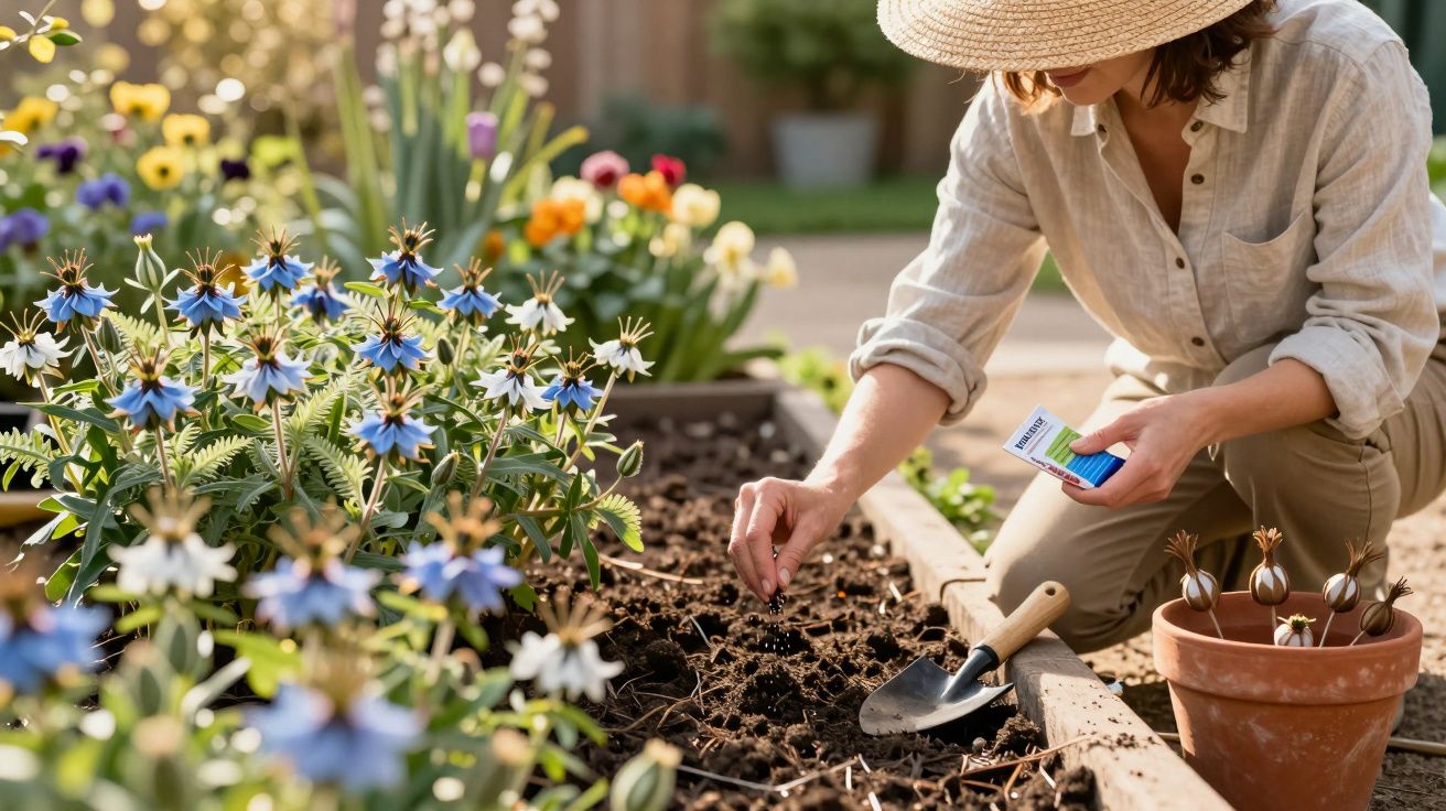 Mulher de chapéu planta sementes num canteiro de flores coloridas num jardim soalheiro.