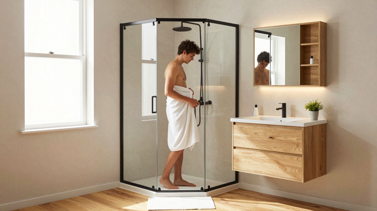 Homem com toalha branca entra numa cabine de duche num banheiro moderno com móveis de madeira.
