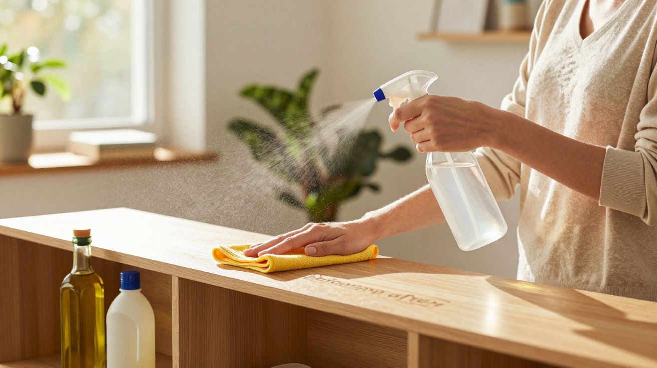 Pessoa a limpar uma superfície de madeira com um spray e um pano amarelo numa sala iluminada.