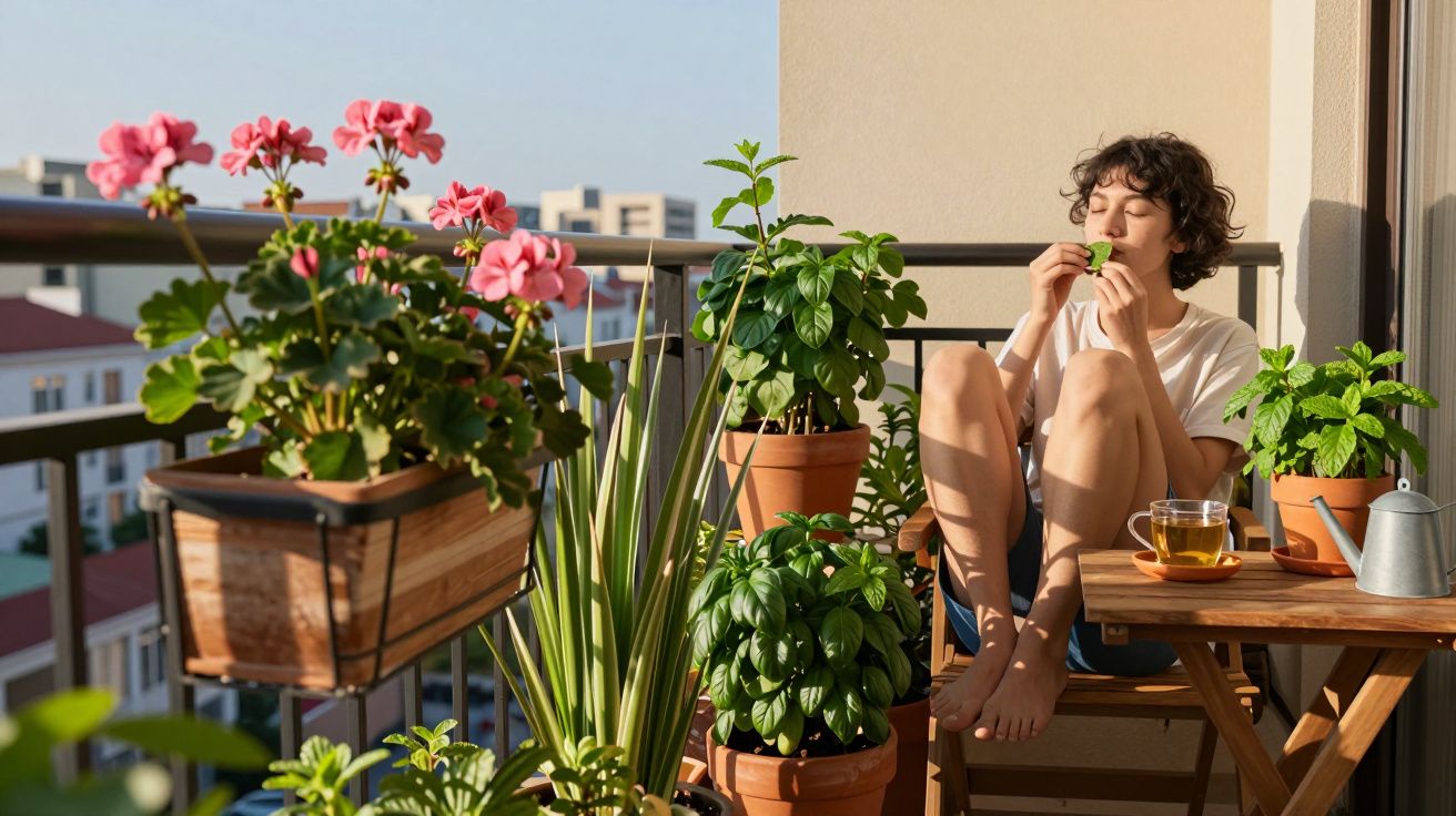 Pessoa sentada numa varanda rodeada por plantas, a cheirar folhas frescas, com chá numa mesa de madeira.