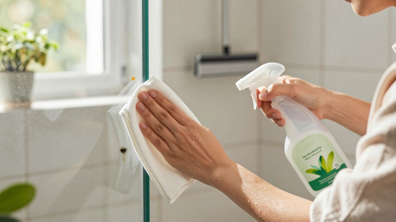 Pessoa limpando vidro com spray e pano numa casa de banho iluminada por luz natural.
