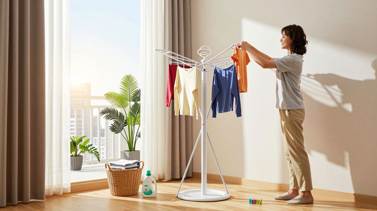 Mulher a estender roupa num estendal interior em ambiente luminoso e minimalista.