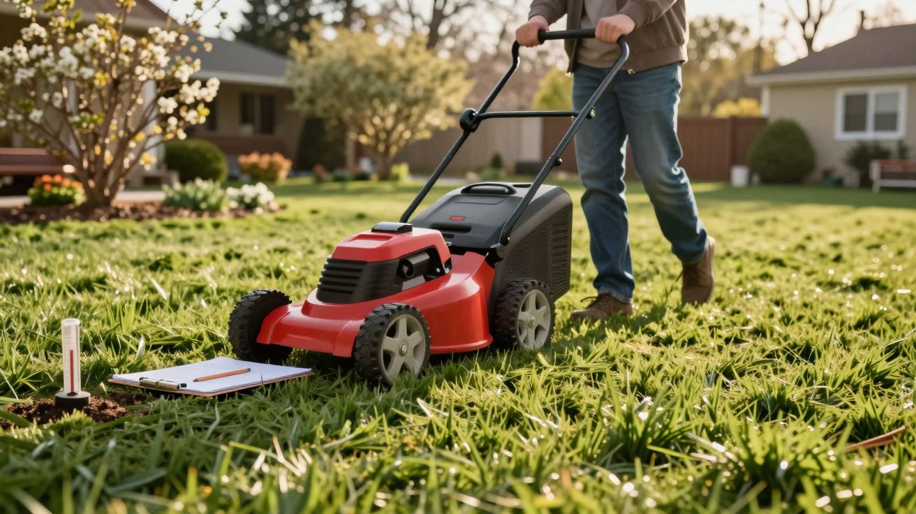 Pessoa a cortar relva num jardim com cortadora vermelha num dia ensolarado de primavera.