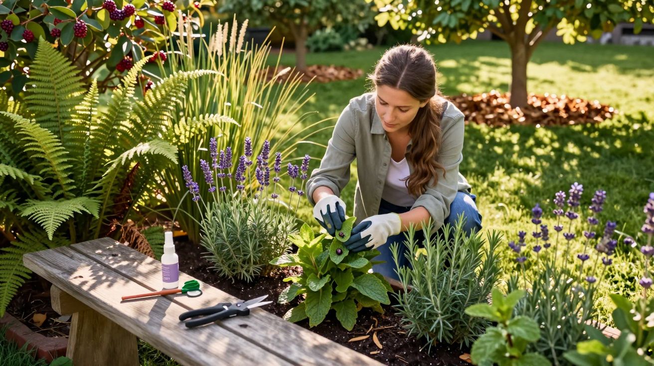 Mulher a cuidar de plantas floridas num jardim ensolarado, usando luvas de jardinagem.