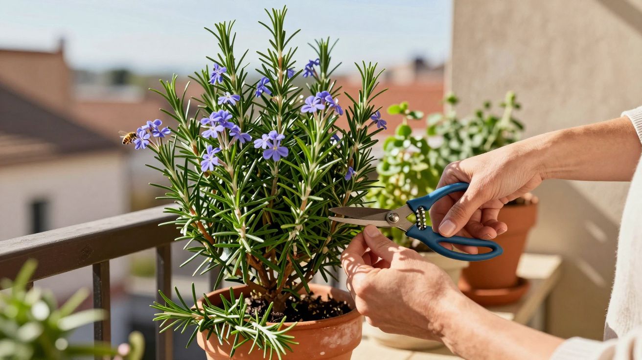 Pessoa a podar planta com flores roxas num vaso de barro num terraço ensolarado.