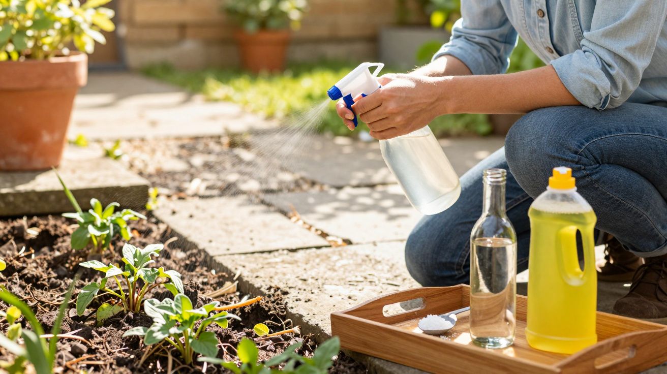 Pessoa a regar plantas com pulverizador, ao lado de bandeja com garrafa, detergente e colher de sal.