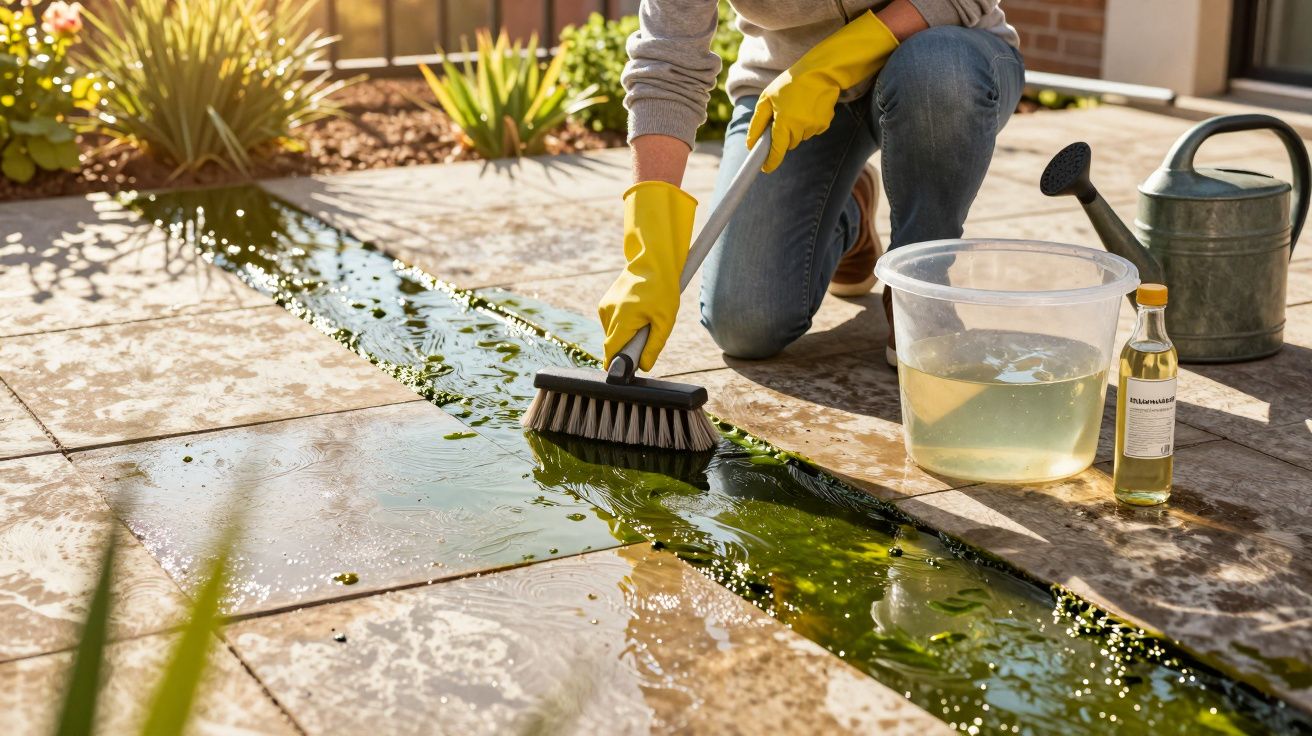 Pessoa com luvas amarelas a limpar um canal de drenagem cheio de algas verdes num pátio exterior.