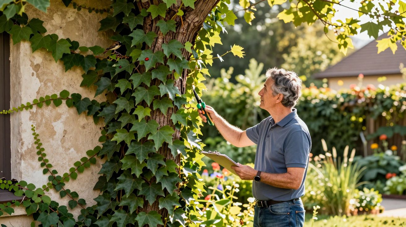 Homem a podar hera numa parede de pedra num jardim ensolarado, segurando tesoura e prancheta.
