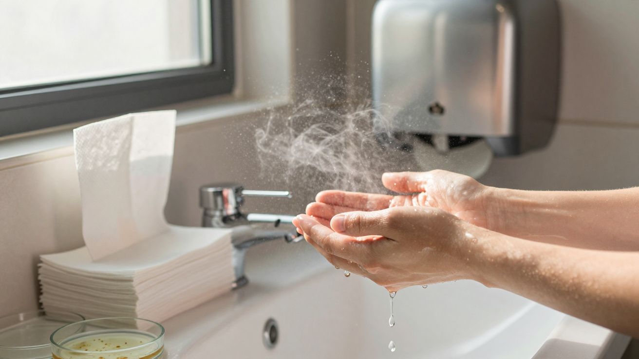 Mãos a serem secas com ar quente próximo a uma torneira numa casa de banho.