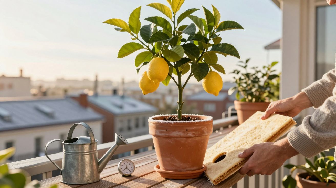 Mãos a colocar placa protetora de palha junto a vaso com limoeiro num varandim ensolarado com regador metálico.