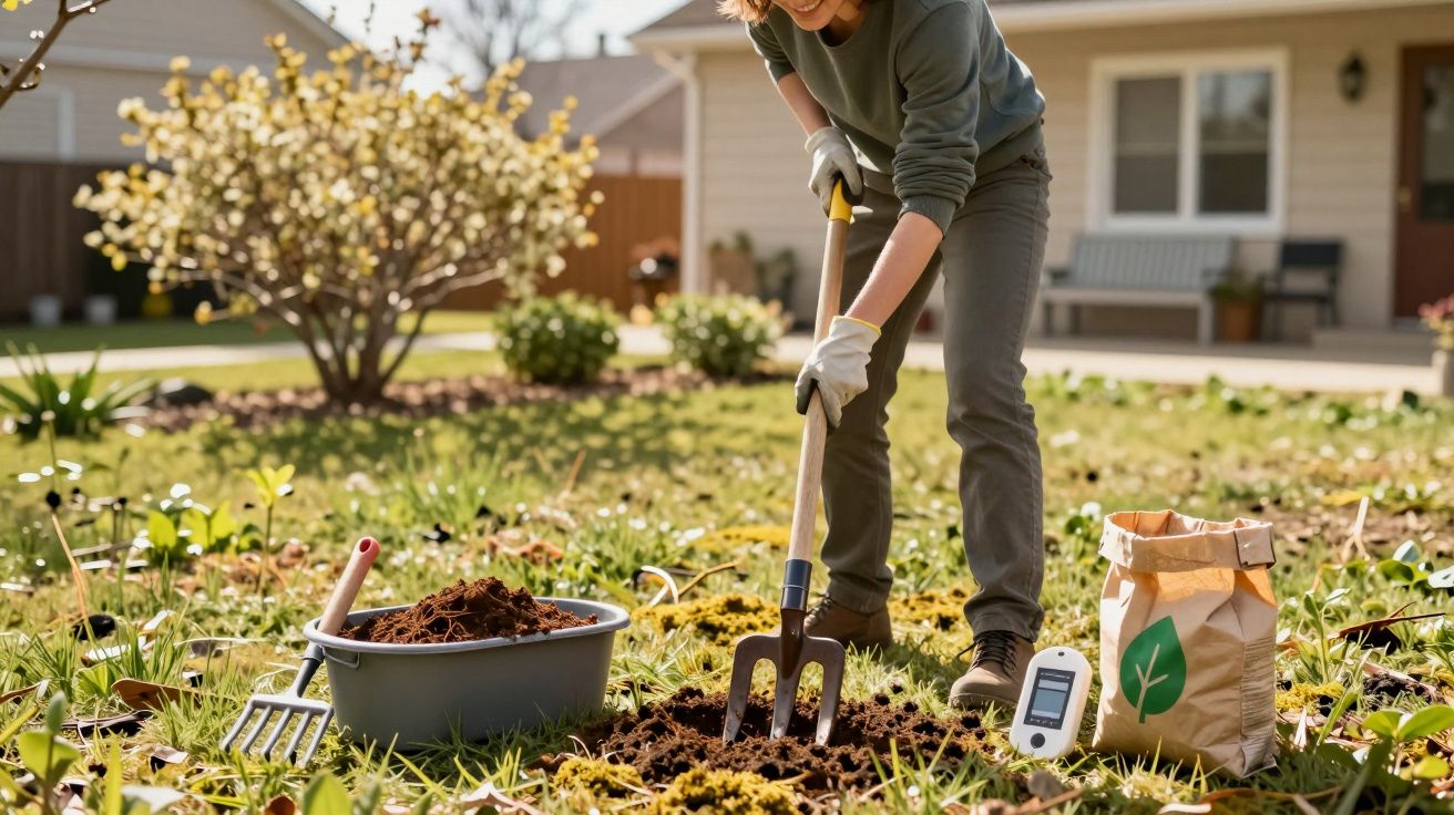 Pessoa a cavar terra num jardim em frente a uma casa, com utensílios de jardinagem e saco de adubo.