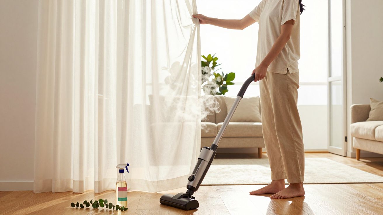 Pessoa a aspirar chão de madeira numa sala iluminada com um aspirador a vapor.
