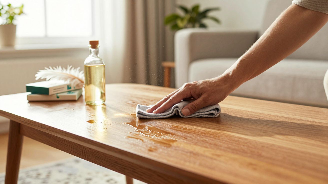 Pessoa a limpar líquido derramado numa mesa de madeira numa sala de estar iluminada.