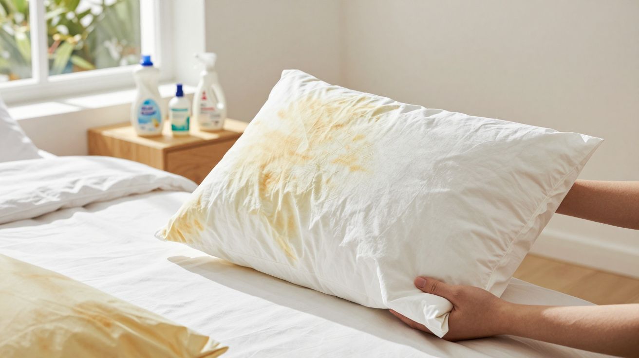 Pessoa a segurar uma almofada branca manchada de amarelo em quarto com produtos de limpeza ao fundo.