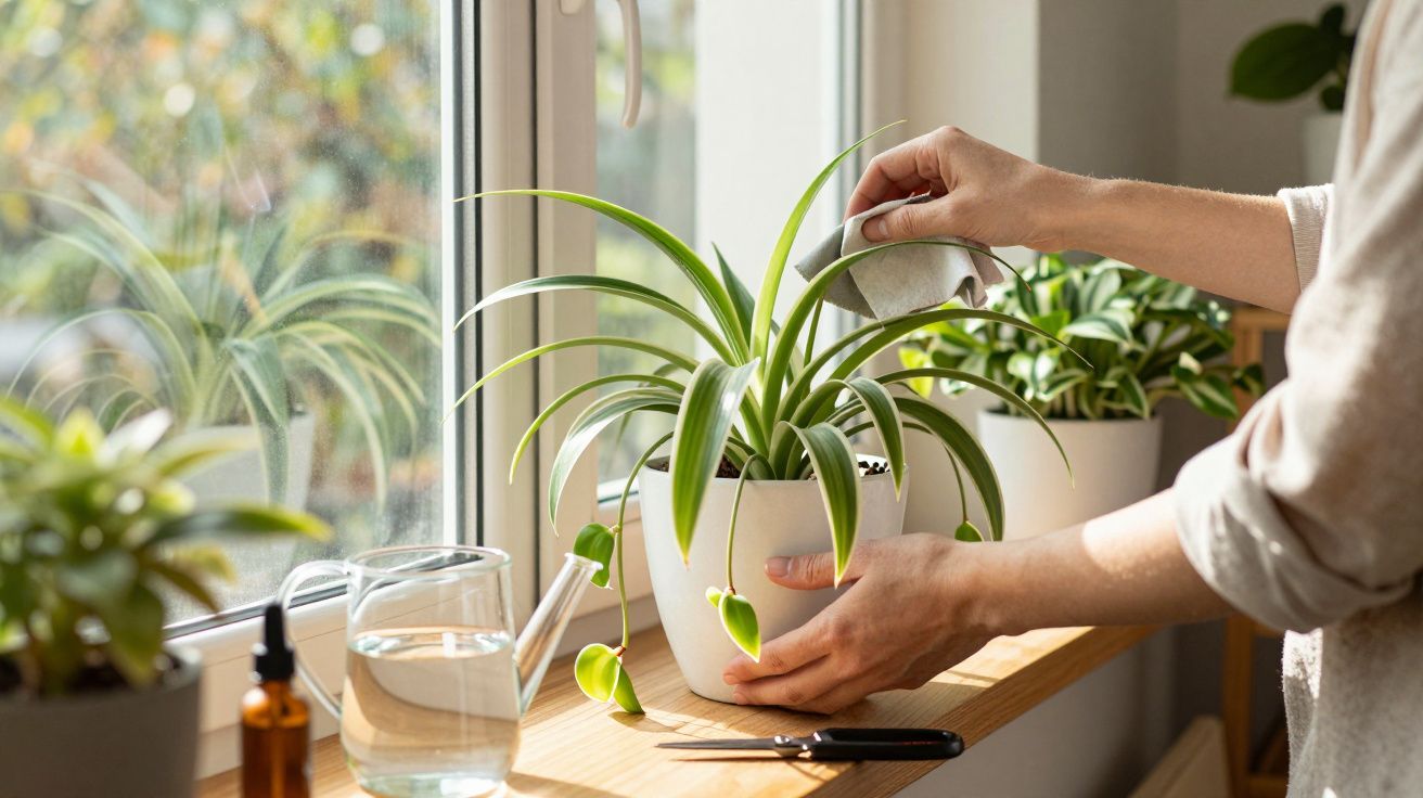 Pessoa a limpar as folhas de uma planta numa janela ensolarada com regador e tesoura ao lado.