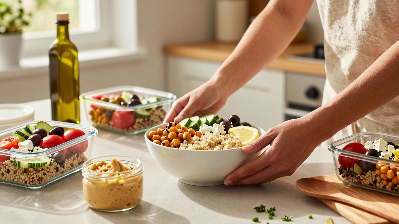 Mãos a preparar taça de salada saudável com grão, quinoa, pepino, tomate, azeitonas e limão na cozinha.