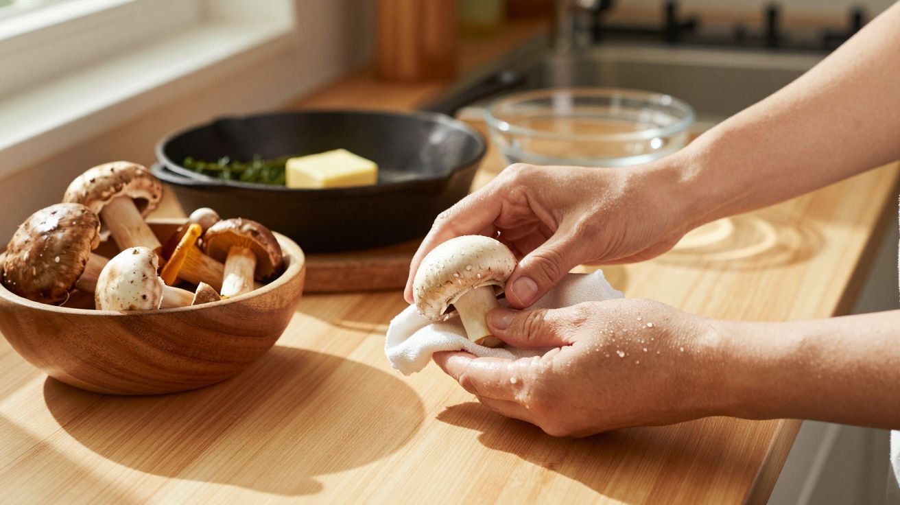Pessoa a limpar cogumelos frescos numa cozinha com taça de madeira e frigideira com manteiga ao fundo.