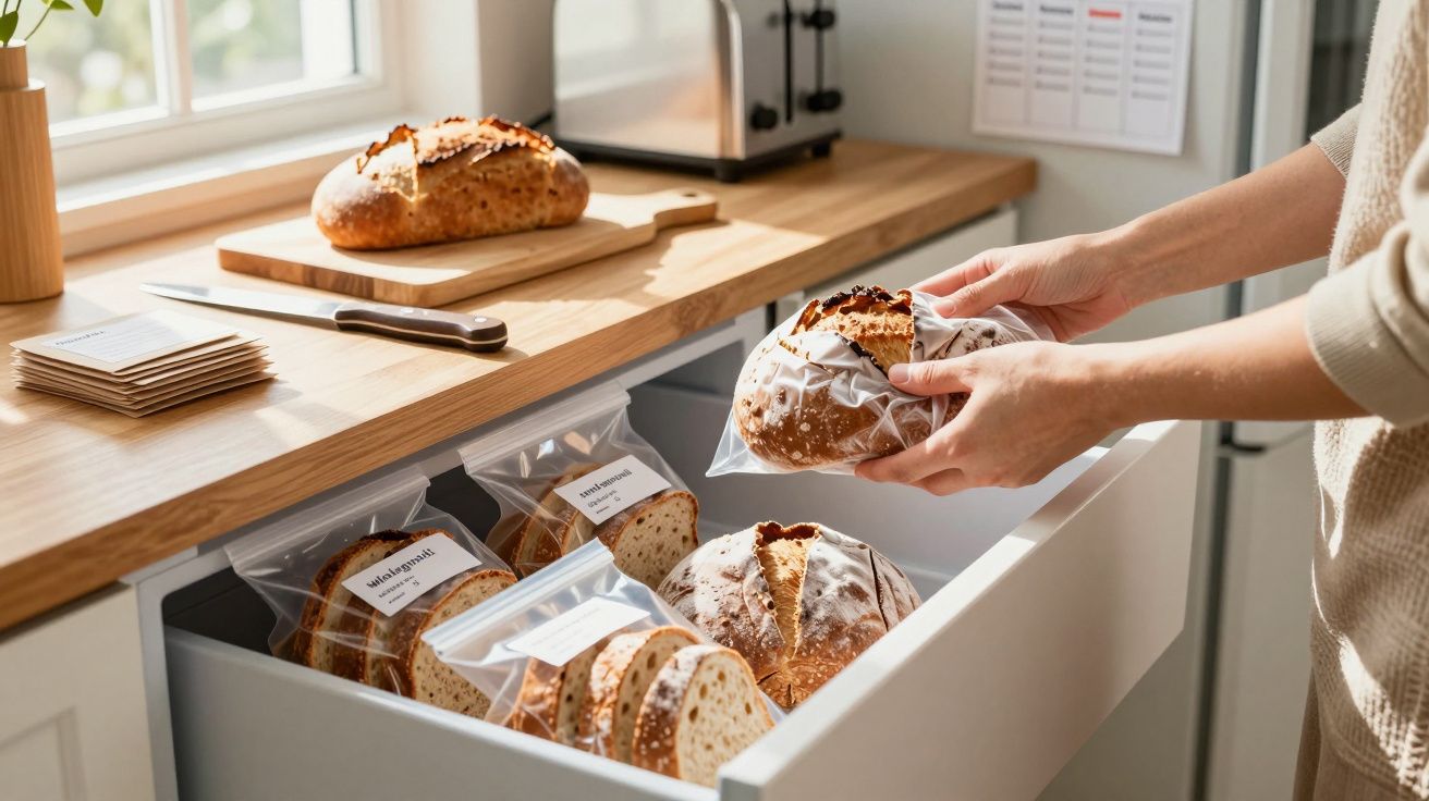 Pessoa a guardar pão fresco em sacos reutilizáveis num gavetão de cozinha iluminado pela janela.