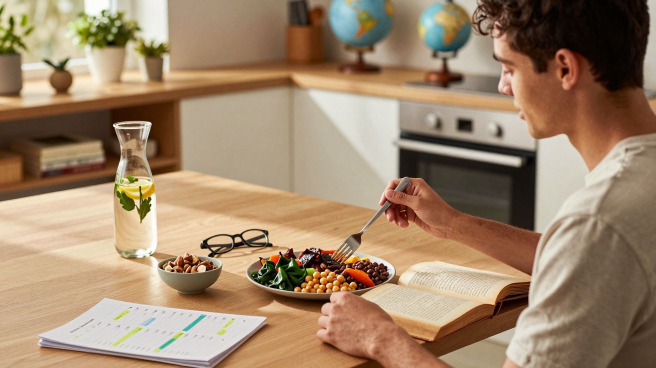 Homem a almoçar salada saudável e grão-de-bico enquanto lê um livro numa cozinha luminosa.