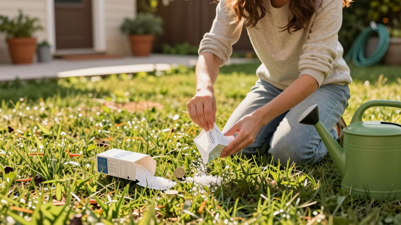 Pessoa a fertilizar relvado com adubo granulado branco ao sol num jardim doméstico.