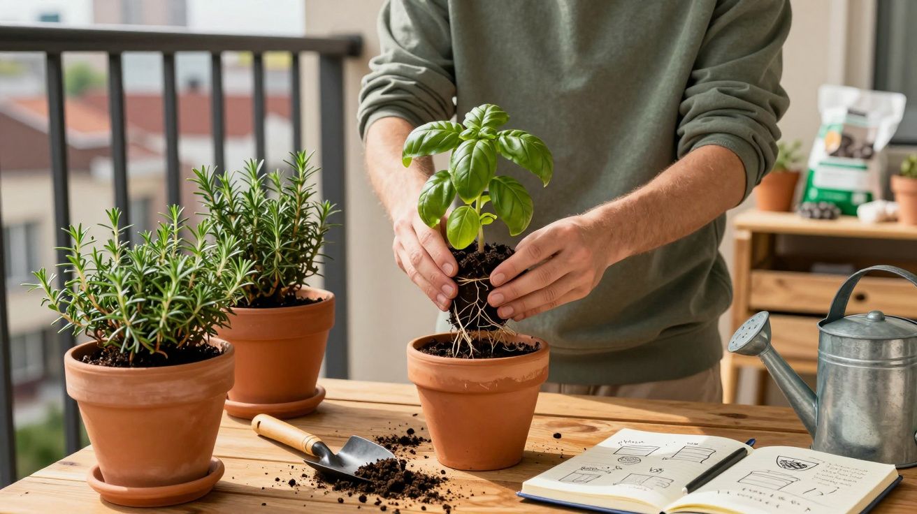 Pessoa a transplantar uma planta de manjericão para um vaso com vasos de alecrim e regador numa varanda.