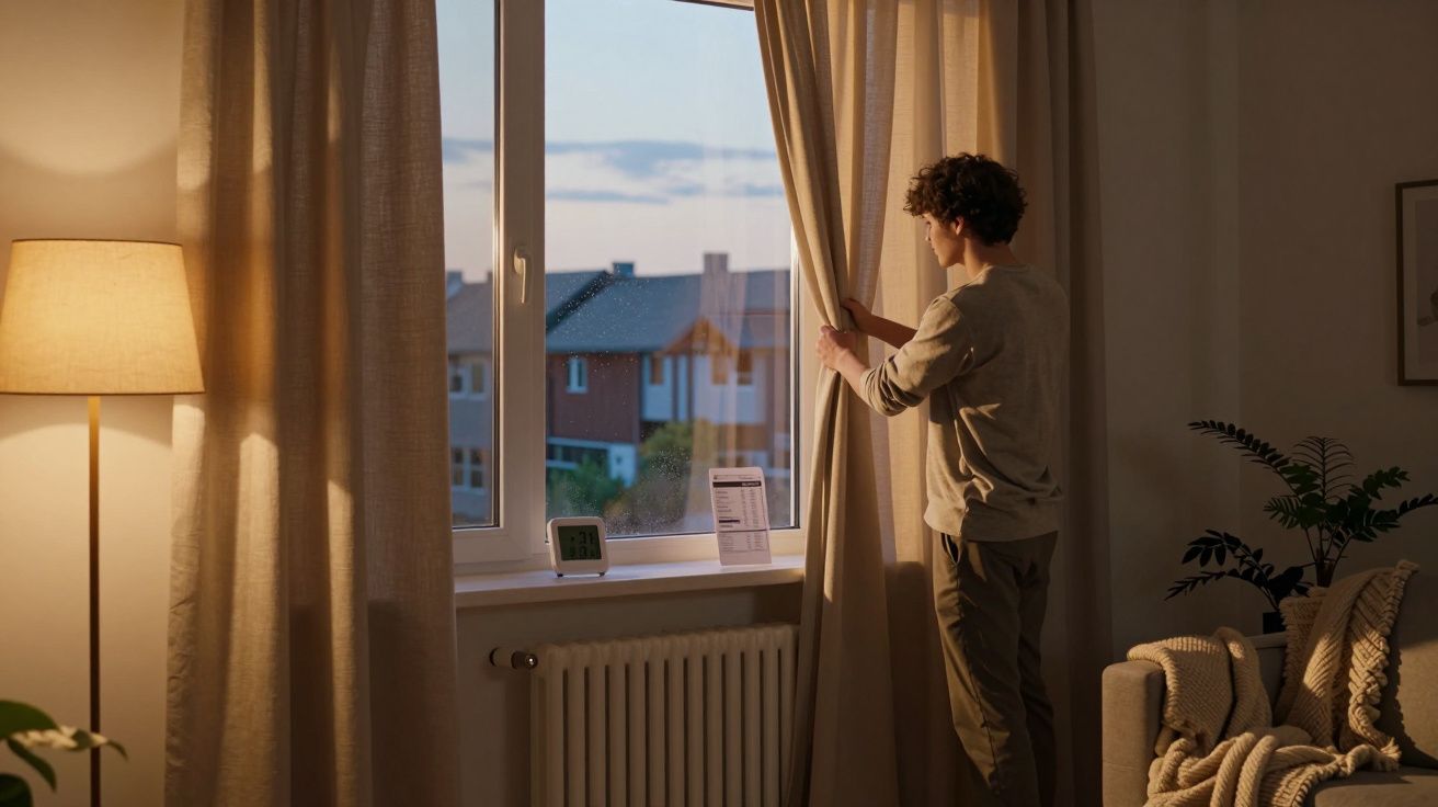 Pessoa a abrir cortinas num salão acolhedor ao entardecer, com luz quente e plantas decorativas.
