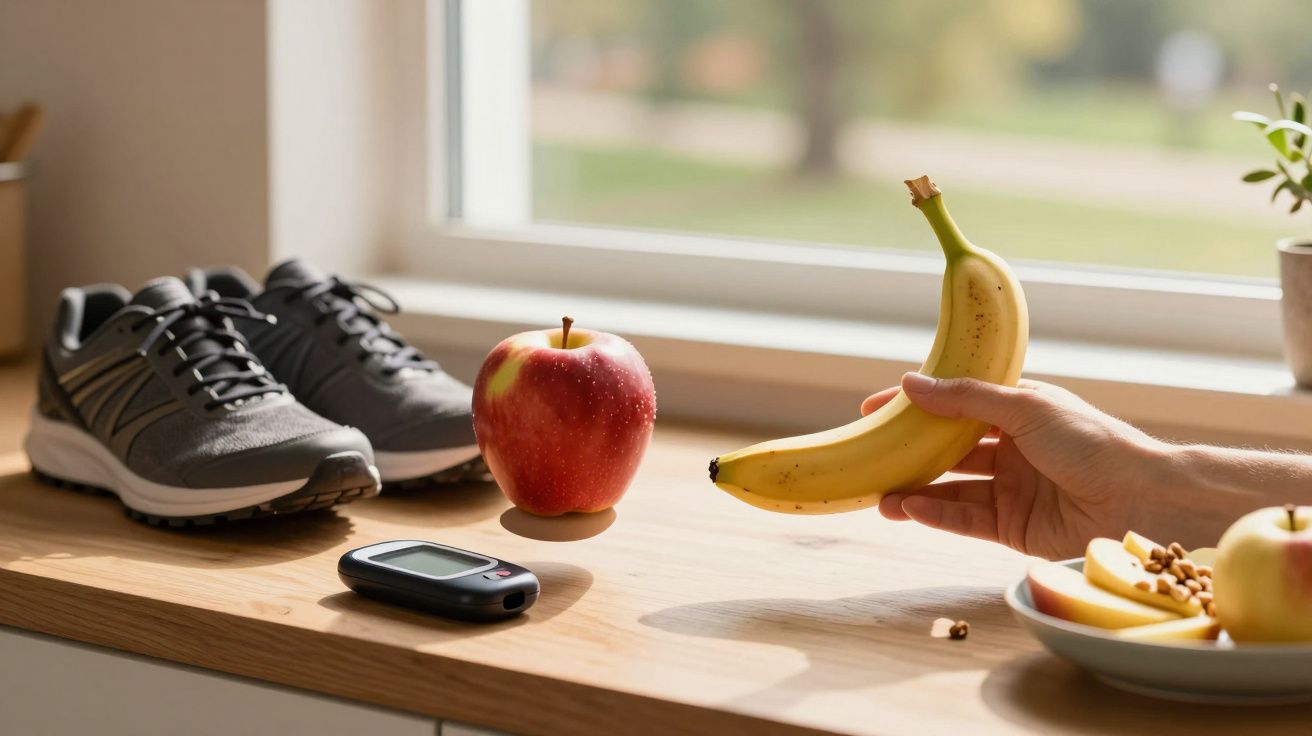 Ténis cinzentos, maçã vermelha, medidor de glicemia e mão a segurar banana numa bancada junto à janela.